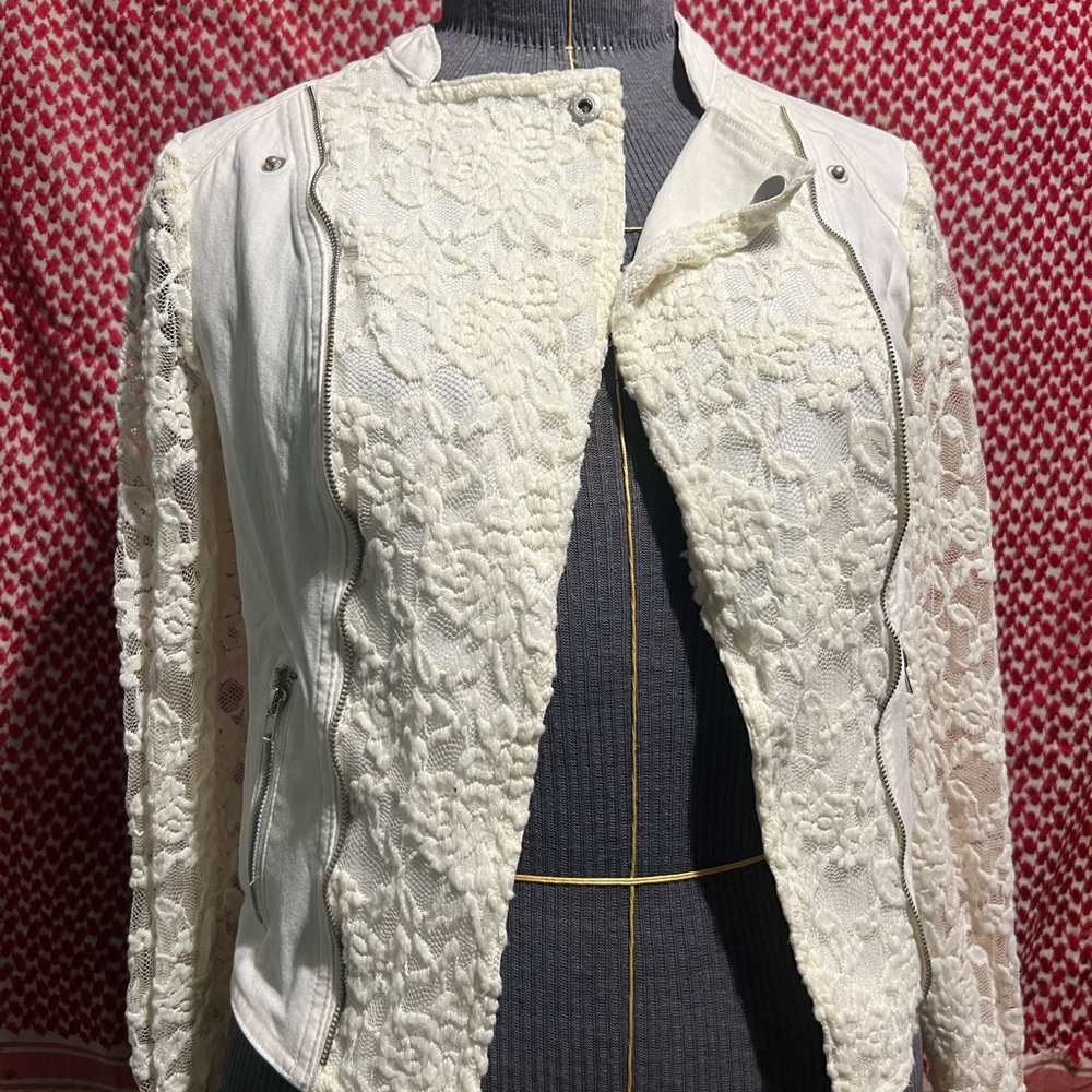 White medium Material Girl lace and jean jacket